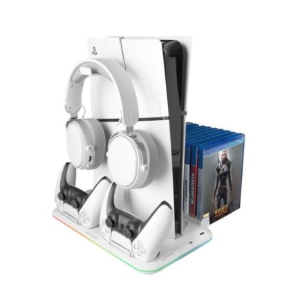 Supporto multifunzione Mars Gaming MPS5-B2 per PS5 - Doppia ricarica - Raffreddamento silenzioso - Illuminazione RGB - Supporto per cuffie - Organizzatore per 15 giochi - Colore bianco