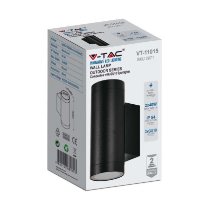 V-TAC Portafaretto LED Doppio da Muro Rotondo 2*GU10 e GU5.3 (MR16) Colore Nero Opaco IP54
