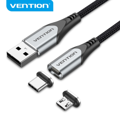 Cavo magnetico Vention CQMHD da USB-A 2.0 a Micro-B e USB-C - Connettori intercambiabili - Velocit&agrave; di trasferimento 480 Mb/s - Grigio