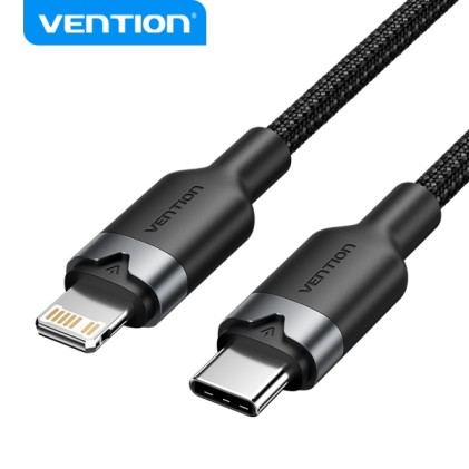 Cavo di ricarica USB-C/Lightning Vention - Alluminio intrecciato - 480 Mbps - 3 A - 27 W Max - Nero