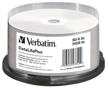 VERBATIM 43749 BluRay BD-R DL Verbatim Spindle 25 50GB 6x WIDE PRINT NO ID hard coat