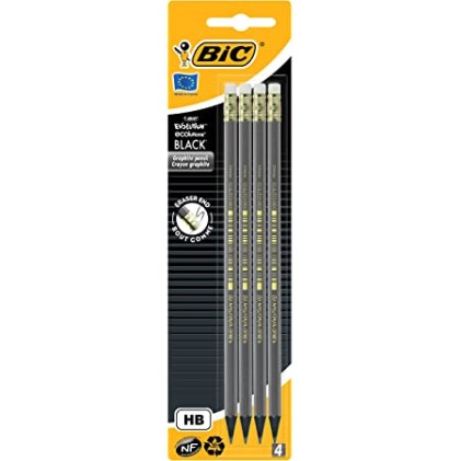 Bic Evolution Black Confezione da 4 matite esagonali in grafite - Piombo HB ultra resistente - Senza legno - Non si scheggia