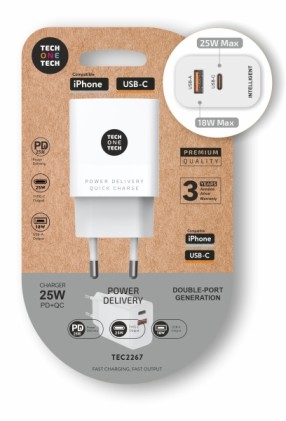 TechOneTech Cavo di alimentazione PD + QC 25W 1 porta USB-C 3A + 1 porta USB-A