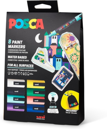 Confezione da 8 pennarelli Posca PC5M in edizione limitata + sacchetto regalo in tessuto - Punta arrotondata 1,8-2,5 mm - Inchiostro a base d'acqua - Colori assortiti