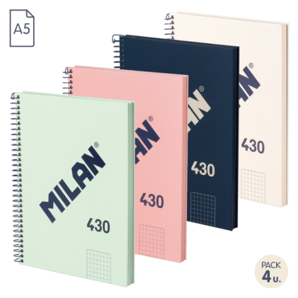 Serie Milan 1918 Confezione da 4 Quaderni a Spirale Formato A5 Griglia 5x5mm - 80 Fogli da 95 g/m2 - Microperforati, 2 Fori - Colori Assortiti