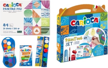 Set di pittura Carioca con 12 acquerelli, 6 tempere e 6 tempere solide + blocco con 20 fogli A4 - Colori assortiti