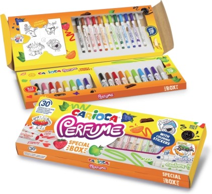 Confezione da 30 pennarelli profumati Carioca - 12 punta media, 10 punta maxi e 8 punta maxi e punta con timbri - Ideali per disegnare e colorare - Colori assortiti