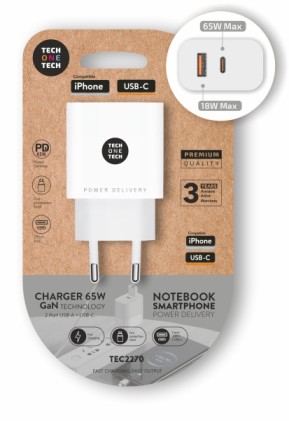 Caricabatterie da muro TechOneTech 65W PD con 1 porta USB-C + 1 porta USB-A