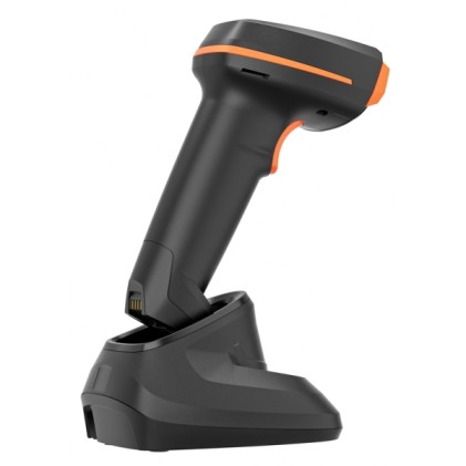 Lettore di codici a barre wireless 1D/2D con base di ricarica - Indicatore LED, segnale acustico e vibrazione - Velocità di scansione 60 fps - Trigger manuale o automatico - Autonomia fino a 12 ore - Colore nero/arancione