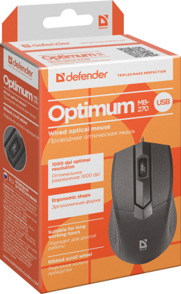 Mouse ottico cablato Defender Optimum MB-270 nero, 3 pulsanti, 1000 dpi
