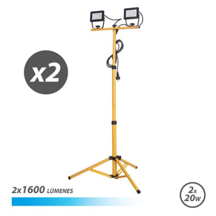 Faretto LED Elbat con treppiede 2 x 20W - 1600 lumen - Luce fredda 6500K - Cavo 3m - IP65 per uso esterno