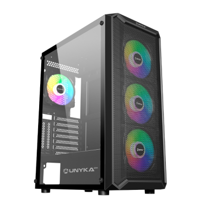 Unykach Armor 3Gen Caja ATX, Micro ATX, ITX - Lateral de Vidrio Templado - USB-A 3.0 y Audio - 4 Ventiladores 120mm ARGB Instalados - Soporta Refrigeracion Liquida