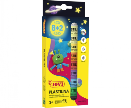 Jovi Confezione da 10 Barrette di Pasta Modellabile da 15gr - 8 Colori Base + 2 Colori Fluorescenti - Molto Modellabile - Non Si Secca - Colori Assortiti