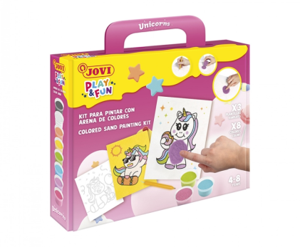 Kit per dipingere con la sabbia a tema unicorno Jovi Play & Fun con 8 vasetti di sabbia + 1 perforatrice + 3 fogli con disegni di unicorno - Colori assortiti