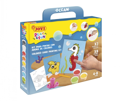 Kit di pittura su sabbia Jovi Play & Fun Ocean con 8 barattoli di sabbia + 1 perforatore + 3 fogli con disegni di animali acquatici - Colori assortiti