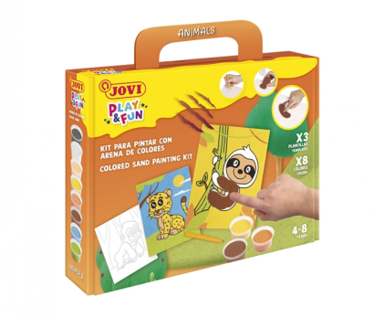 Kit di pittura su sabbia Jovi Play & Fun con 8 barattoli di sabbia + 1 perforatore + 3 fogli con disegni di animali terrestri - Colori assortiti