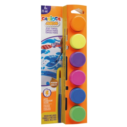 Carioca Neon Confezione da 6 Tempere in Flaconi da 25 ml + Pennello - Super Lavabili - Miscelabili - Colori Neon Assortiti