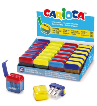 Vetrina Carioca con 24 mini temperamatite a 2 fori con contenitore - Tappo di sicurezza sulla lama - Colori assortiti casuali