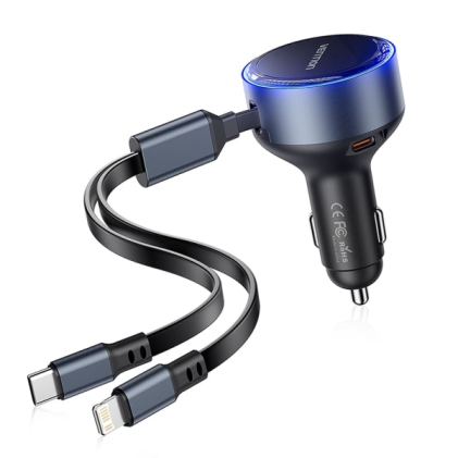 Caricabatterie da auto Vention da 30 W - USB-C maschio, USB-C femmina, Lightning - Ricarica rapida - Nero