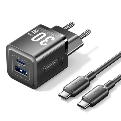 Caricabatterie da muro Vention GaN USB-C 30W - Cavo USB-C da 1 m - Nero
