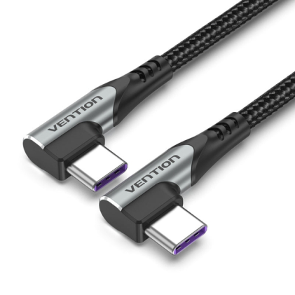 Vention Cable USB-C 2.0 a USB-C 2.0 5A 100W - 0.5m - Trenzado - Acodado en los Dos Extemos - Color Gris