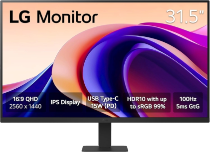 Monitor LED LG 31,5" IPS QHD HDR10 100Hz - Tempo di risposta 5ms - Angolo di visione 178° - 16:9 - HDMI, USB-C - VESA 100x100mm