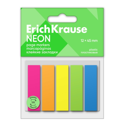 ErichKrause Confezione da 5 blocchi da 25 segnalibri in plastica 12x45 mm - Colori: giallo, blu, arancione, verde e rosa neon