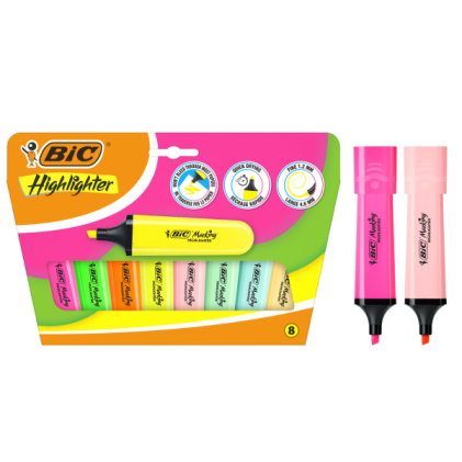 Evidenziatore Bic Marking Flat, confezione da 8 pennarelli fluorescenti - Punta a scalpello - Tratto tra 1,20 e 4,60 mm - Inchiostro a base d'acqua - Colori assortiti neon e pastello