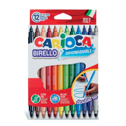 Carioca Birello Confezione da 12 Pennarelli - Doppia Punta Fine e Media - Inchiostro Atossico Super Lavabile - Lavabili da Pelle e Tessuti con Acqua e senza Sapone - Vari Colori