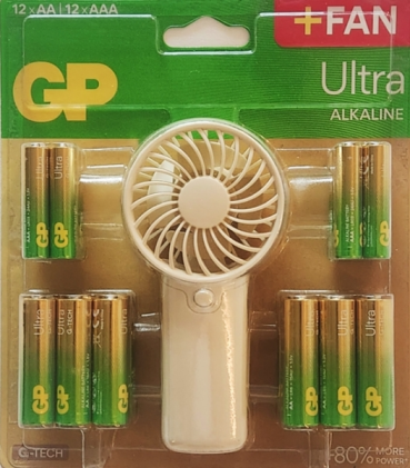 Confezione da 12 batterie alcaline GP Ultra AAA + 12 batterie AA + ventilatore portatile gratuito