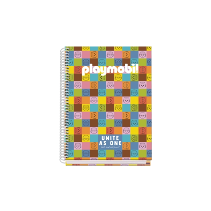 Quaderno a spirale Dohe Playmobil Unite As One A5, 100 fogli, griglia da 5 mm, copertina rigida, stampa a colori e laminato lucido, fasce colorate