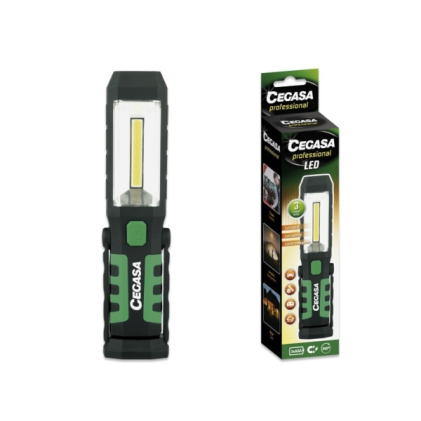 Torcia LED magnetica professionale Cegasa - COB laterale, LED superiore e luce di emergenza - Gancio regolabile a 360&deg; - Funziona con 2 batterie AAA (non incluse) - Nero/Verde