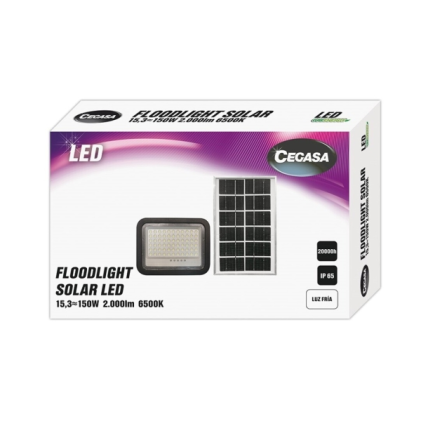 Faretto LED solare Cegasa Floodlight 2000lm 6500K - Pannello solare integrato 5V-15W - Autonomia fino a 12h - Resistenza IP65