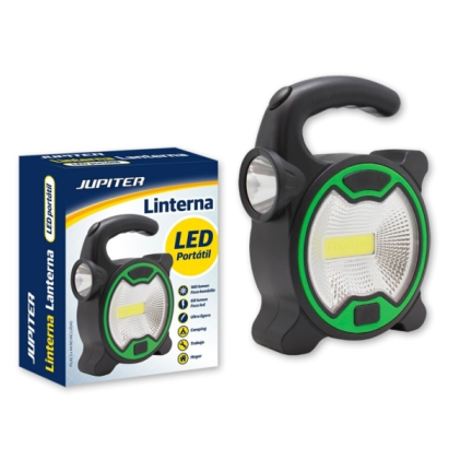 Torcia elettrica Jupiter COB+1 LED - Faretto con lampadina da 160 lm, faretto LED da 60 lm - Funziona con 3 batterie AA (non incluse) - Nero/Verde