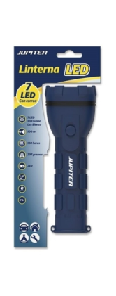 Torcia elettrica Jupiter White Light 7 LED 100lm - Corpo in gomma - Resistenza IP44 - Funziona con 2 batterie D R20 (non incluse) - Colore blu