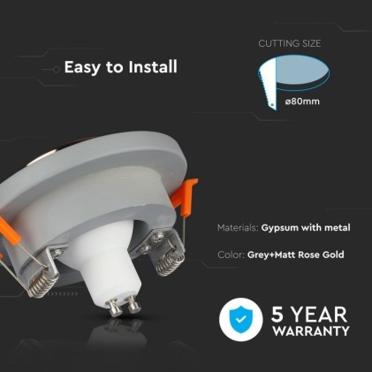 V-TAC Portafaretto LED da Incasso GU10 Corpo in Gesso Rotondo Colore Grigio con Finitura Oro Rosa