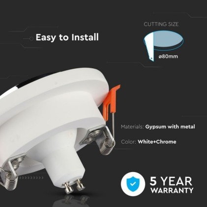 V-TAC Portafaretto LED da Incasso Rotondo GU10 e GU5.3 (MR16) Corpo in Gesso Bianco e Metallo Cromato