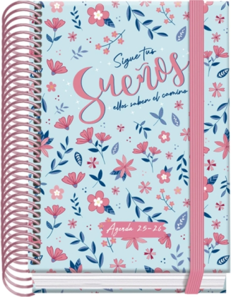 Agenda scolastica Dohe Blossom 25/26 Spirale A6 - Pagina giornaliera - Carta 70 g/m2 - 4 fogli adesivi - Copertina in cartoncino plastificato - Chiusura elastica
