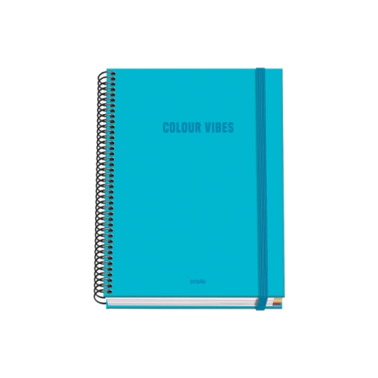 Quaderno a spirale Dohe Colour Vives A5 100 fogli griglia 5 mm - Copertina rigida stampata a colori e plastificata lucida - Fasce colorate - Chiusura in gomma - Colore blu ciano