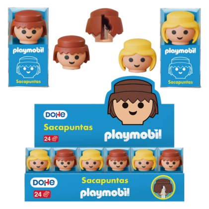 Espositore Playmobil Dohe di 24 temperamatite - 1 foro e lama in acciaio - A forma di personaggi Playmobil