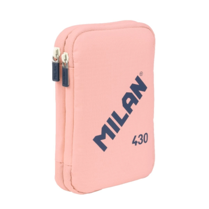 Astuccio portapenne a 2 ripiani Milan Collection 430 con 2 gomme, temperino, matita, penna P1 Touch blu, righello, 12 matite colorate e 18 pennarelli - Rosa