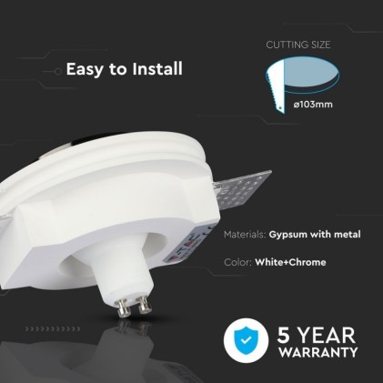 V-TAC Portafaretto LED da Incasso Rotondo GU10 e GU5.3 (MR16) Corpo in Gesso Bianco e Metallo Cromato