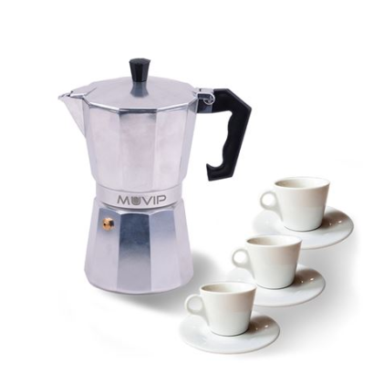 Caffettiera in alluminio Muvip MV0600 - Capacità 3 tazze - Manico ergonomico - Antiaderente - Adatta a fornelli elettrici, in ceramica e a gas - Colore alluminio