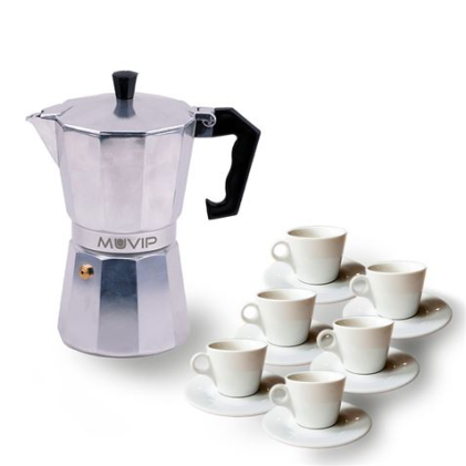 Caffettiera in alluminio Muvip MV0601 - Capacità 6 tazze - Manico ergonomico - Antiaderente - Adatta a fornelli elettrici, in ceramica e a gas - Colore alluminio