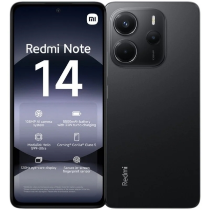 Smartphone Xiaomi Redmi Note 14 con schermo AMOLED da 6,67" - 6 GB - 128 GB - Fotocamera principale da 108 MP - Batteria da 5500 mAh - HyperCharge 33 W - Colore nero