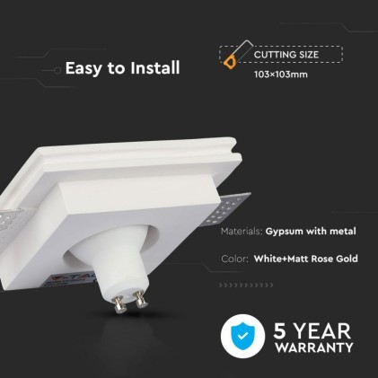 V-TAC Portafaretto LED da Incasso Quadrato GU10 e GU5.3 (MR16) Corpo in Gesso Bianco e Metallo Rosa Dorato