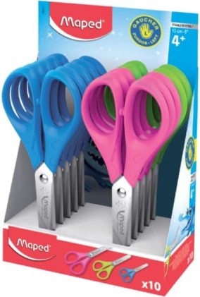 Forbici scolastiche Maped Essentials per mancini con punta arrotondata, 13 cm - Lame in acciaio inossidabile - Manico simmetrico in plastica - Colori assortiti - 1 pezzo