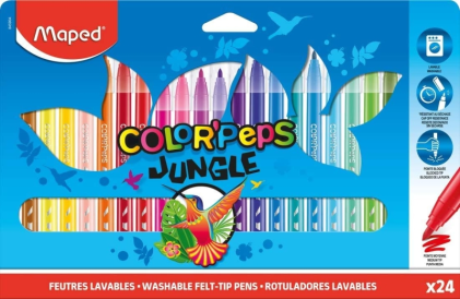 Maped Color'Peps Jungle Confezione da 24 pennarelli con punta media bloccata 2 mm - Ogivale, morbido e flessibile - Inchiostro lavabile - Colori assortiti
