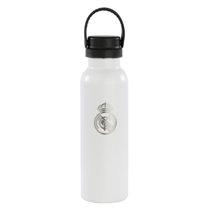 Borraccia riutilizzabile Safta Real Madrid Home Kit 24/25 da 600 ml - Doppia parete isolante - Base in silicone - Mantiene le bevande calde per 12/24 ore - 25x7,3x7,3 cm - Bianco/Nero