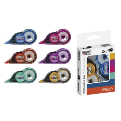 Ingraf Mediterraneo Confezione da 2 nastri correttori 5 mm x 12 m - Adesione perfetta alla carta - Colori assortiti